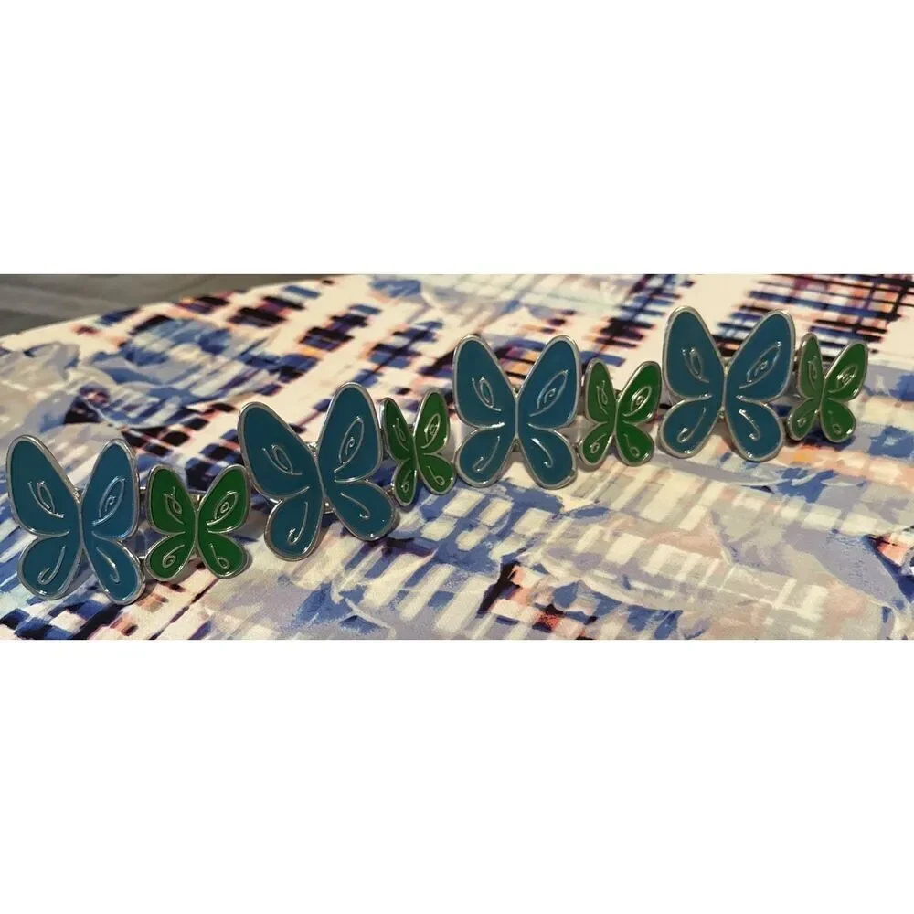 Set Of 4 Enamel Blue/Green Butterfly‎ Napkin Rings Holder Silver Metal